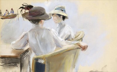 Twee dames bij het water (pastel op papier) door Max Liebermann
